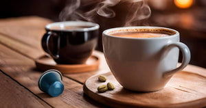 Duas  xícaras de café descafeinado Baggio apoiadas em uma mesa de madeira.