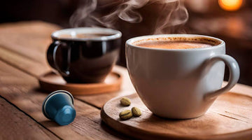Duas  xícaras de café descafeinado Baggio apoiadas em uma mesa de madeira.